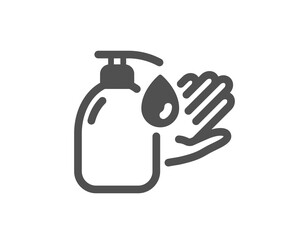 Wash hands icon. Covid hygiene sign. Washing liquid symbol. Quality design element. Flat style wash hands icon. Editable stroke. Vector