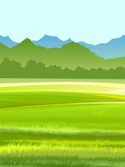 Obraz premium Rural landscape. Hills and meadows. Pastures and farmland. Beautiful nature view. The horizon is distant. Country farm land plot. Illustration. Vector