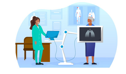 Elderly woman standing behind the x-ray making examination of the chest. Concept of radiology and body scan. Flat cartoon vector illustration