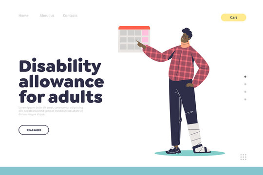 Disability allowance for adults landing page concept with man with injured leg and neck