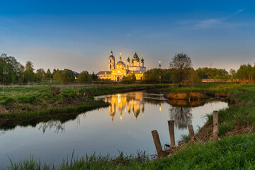 View on church in Parskoe village in spring day before sunset