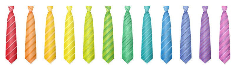 Ties set. Rainbow gradient spectrum of twelve colorful cravats or neckties. Isolated vector illustration on white background.
