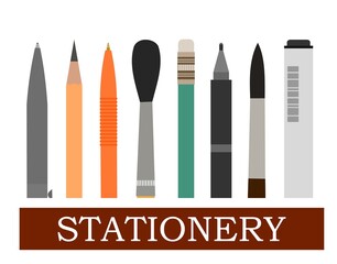 Stationery. Logo. Background for advertising a store, company. illustration. Isolated on a white background. Pencils, pens, felt-tip pens, brushes.Vector