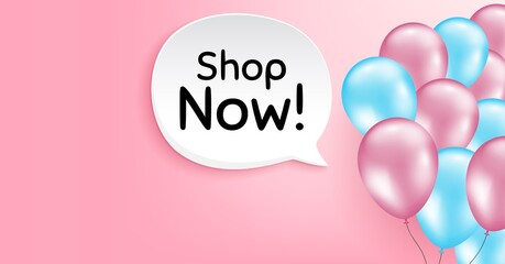 Shop now symbol. Pink balloon vector background. Special offer sign. Retail Advertising. Birthday balloon background. Shop now speech bubble. Celebrate pink banner. Vector