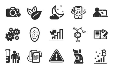Online education, Organic product and Cogwheel icons simple set. Growth chart, Bitcoin graph and Augmented reality signs. Face biometrics, Night weather and Engineering documentation symbols. Vector