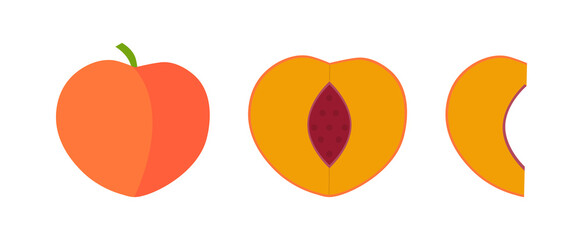 Whole and sliced peaches. Peach fruit in shape of heart isolated on white background. Farm, natural food, fresh fruits, vegan concepts. Cartoon. Flat. Vector stock illustration.