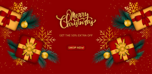 Fototapeta na wymiar Christmas banner Christmas background design with a red-gold gift box and golden Christmas balls and snowflakes Red Christmas poster horizontal red greeting card website header