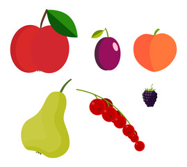 Fruits flat, berries and tropical fruits. Vector isolated icons illustration set