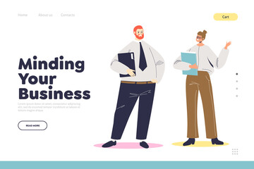 Business consulting concept of landing page with businessman talking to female consultant
