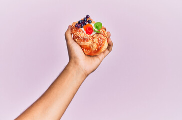 Hand of hispanic man holding sweet bun over isolated pink background.