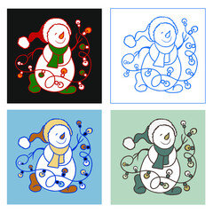 A snowman in a Santa hat and a scarf dancing with illumination lights in four different colors. Flat hand drawing in cartoon style. For winter greeting card, coloring page, illustration, design.