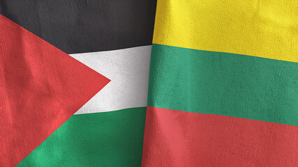 Lithuania and Palestine two flags textile cloth 3D rendering