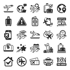 Airport icons. Boarding pass, Baggage claim, Arrival and Departure. Connecting flight, tickets, pre-order food icons. Passport control, airport baggage carousel, inflight wifi. Flat icon set. Vector