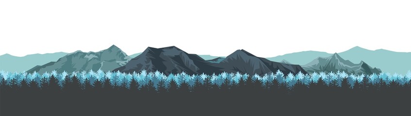The mountains. Mountain range with cliffs, rocks and peaks. Horizon. Landscape with coniferous forest, taiga. Pine trees, ate. The isolated object on a white background. vector