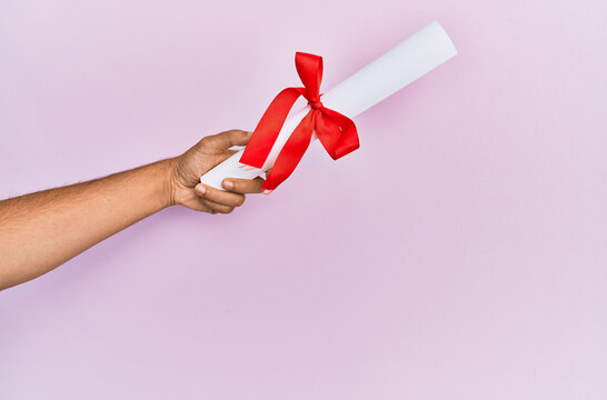 Hand of hispanic man holding graduated diploma over isolated pink background.