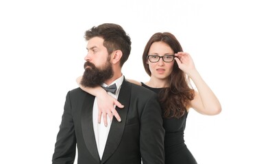 Unleashed desire. couple in love. business partnership. love and romance. formal couple celebrate special occasion. valentines day concept. elegant formal fashion. sexy woman and tuxedo man