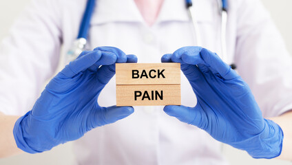 Back pain inscription or words. Health problem and medical help with backache