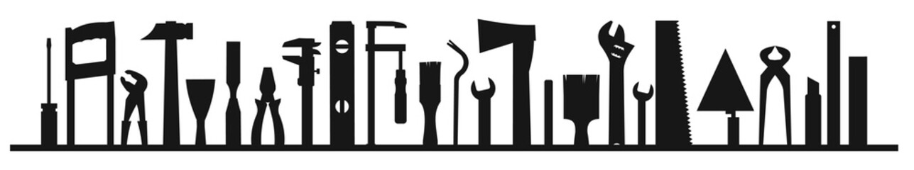 Construction tools. Logo, label. Bottom frame. For work as a painter, carpenter, builder, handyman. Repair and construction services. Sale of tools. Monochrome silhouette.