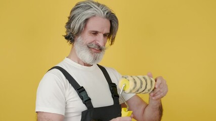 Painter man with brush, wall painting concept, white background. Equipment, decorator. - Powered by Adobe