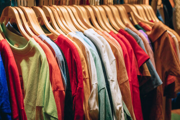 Obraz premium There are many different colored clothes are hanging on a hanger in a store, close up