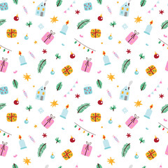 Seamless background with Christmas decorations. Christmas background for greeting cards, wrapping paper, invitations, and other purposes.
