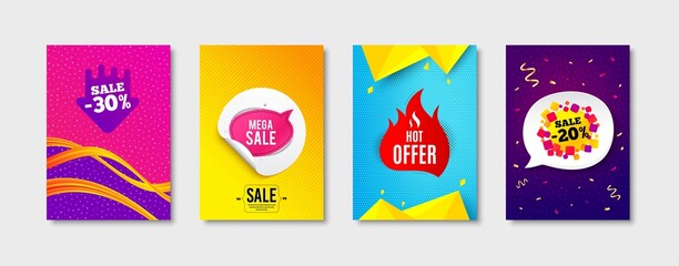 Hot offer, Sale bubble and Sale tag promo label set. Sticker template layout. Offer sticker, Discount sticker, Discount arrows. Promotional tag set. Speech bubble banner. Vector