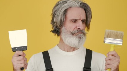 Painter man with brush, wall painting concept, white background. Equipment, decorator. - Powered by Adobe