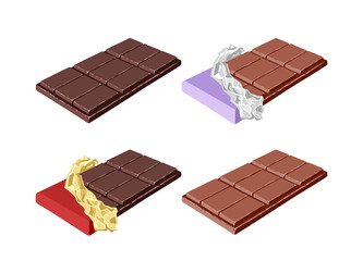 Set of chocolate bars. Black and milk chocolate in a wrapper and open isolated on a white background. Vector illustration of sweets in cartoon flat style.