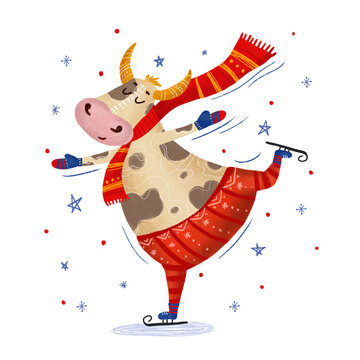 Illustration of a cute bull ice skating. Drawing of a cow on ice. Winter sport.