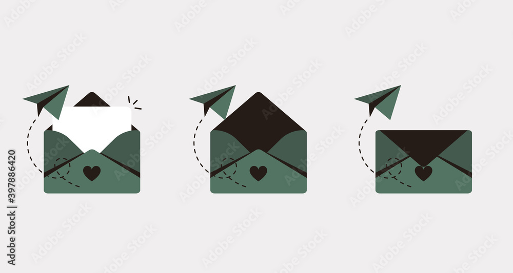 Poster set flat icon vector letters in open and closed envelopes. receive and send messages. postcards for 