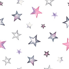 Watercolor seamless pattern with colorful stars pink, grey, black colors on white background. Holiday illustration for wallpapers print, wrapping paper or textile.