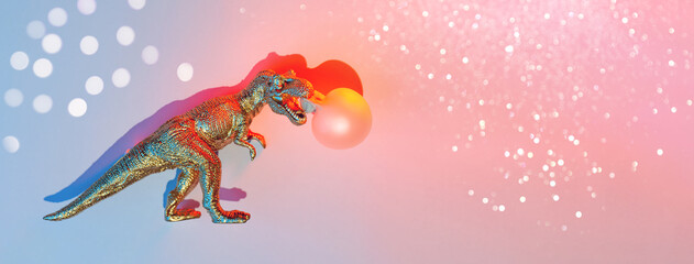 Golden Dinosaur Inflates Bubble Gum, Concept.