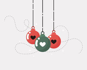 Christmas ornaments 2021. Hanging New Year balls with heart. Decorative toys for a postcard. Symbol of Xmas holiday celebration, winter. Flat design for card. Eps 10
