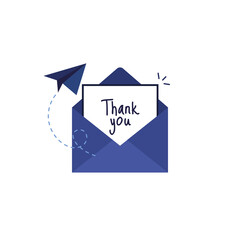 Letter in an envelope with thanks or thank you on white background icon. Send to email, mail. Blue. Flat design. On white background