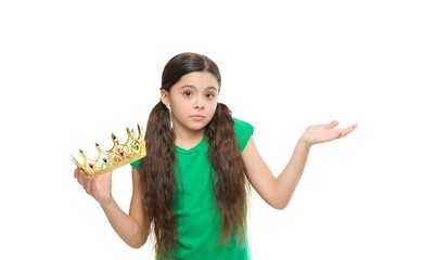 she is prom queen. little beauty in princess crown. small girl egoist isolated on white. Source of...