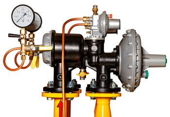 Gas reducer with pressure gauge isolated on white background.