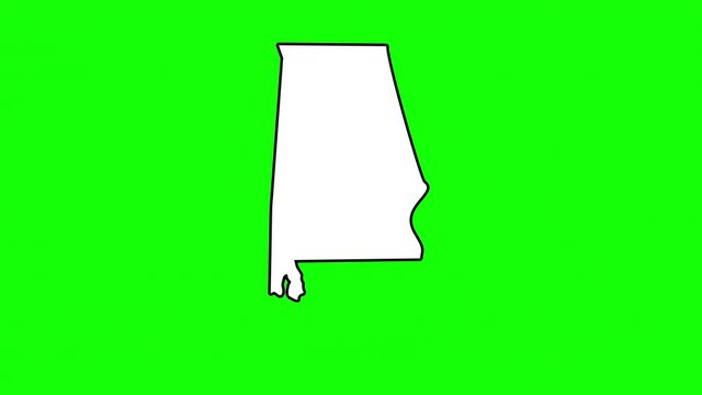 Alabama State of USA with pointer in capital city Montgomery. Animated close up map of Alabama highlighted from map of USA. Zoom showing of state for voting, social information, news.4K. Alpha channel