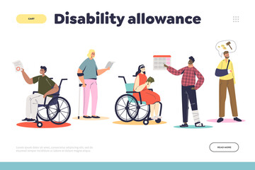 Disability allowance landing page concept with disabled people in bandage or on wheelchair