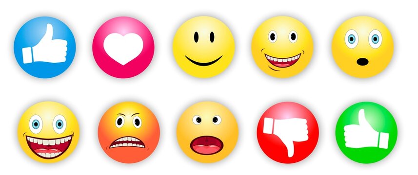 Yellow emoticons, set of vector badges for chat, social networks. Thumbs up, like, dislikes. Collection of facial expressions, emotions: cheerful, angry. Image with shadow in cartoon style.
