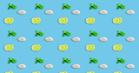 Pattern of a lime, peppermint and sugar. Some ingredients to make a mojito.