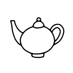 Doodle traditional hand drawn teapot. Outline Kettle isolated on white background. Cozy kitchen utensils, cute kitchenware, dishes for tea, coffee, drinks. Breakfast, five o'clock symbol. Vector sign