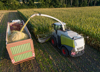 Ackerbau - Maisernte,  moderne Landtechnik auf dem Feld im Einsatz - Luftbild.