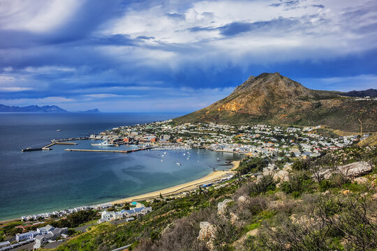 Aerial view of Simon's Town and its harbor. Simon's Town (Simonstad or Simonstown) - town near Cape Town, it is located on shores of False Bay, on eastern side of the Cape Peninsula. South Africa.