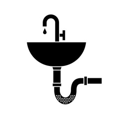 Sink vector icon. Sink with blocked pipe. Clog in pipe. Drain cleaning filled black icon.
