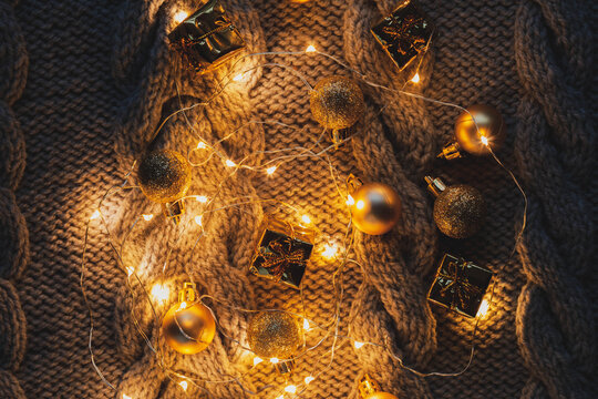 Christmas hygge background with christmas decor and festive, top view