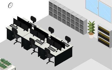 オフィスの縮小イメージイラスト、無人のオフィス風景、アイソメトリック