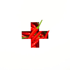 Plus summation sign or cross of red chili peppers and cut paper isolated on white. Spicy veggie typeface