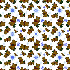 Brown bear with snowflakes on a white background