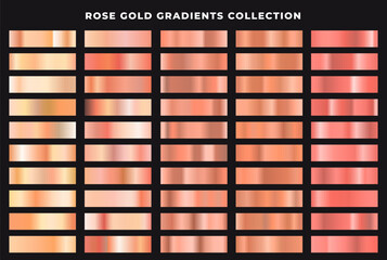 Set of rose gold gradients collection. Foil texture backgrounds. Elegant, shiny and bright gradient collection for chrome button, frame, ribbon, border, label design. - obrazy, fototapety, plakaty