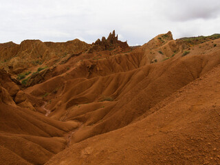 panorama of the Skazka canyon on the shore of the Issyk Kul mountain lake.  Kyrgyzstan